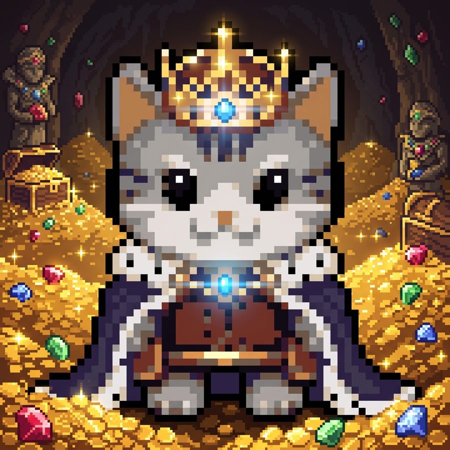 A crowned cat surrounded by treasure in a cave