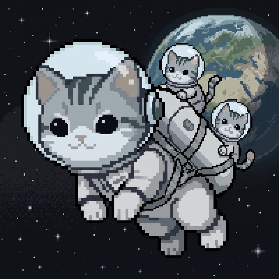 An astronaut cat carrying two smaller astronaut cats near Earth