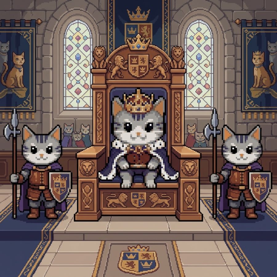 A cat king on a throne flanked by guards in a stained-glass hall