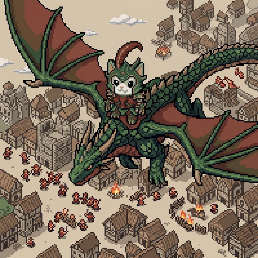 A dragon-armored cat flying over a village below