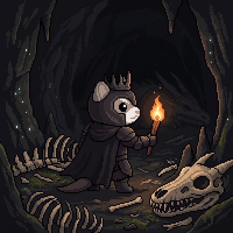 A dark hooded cat holding a torch in a bone-filled cave