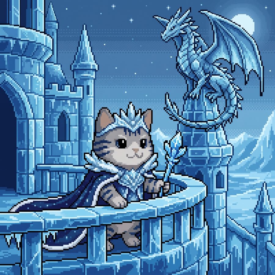 A cat with an ice crown standing before a frost dragon on an ice castle
